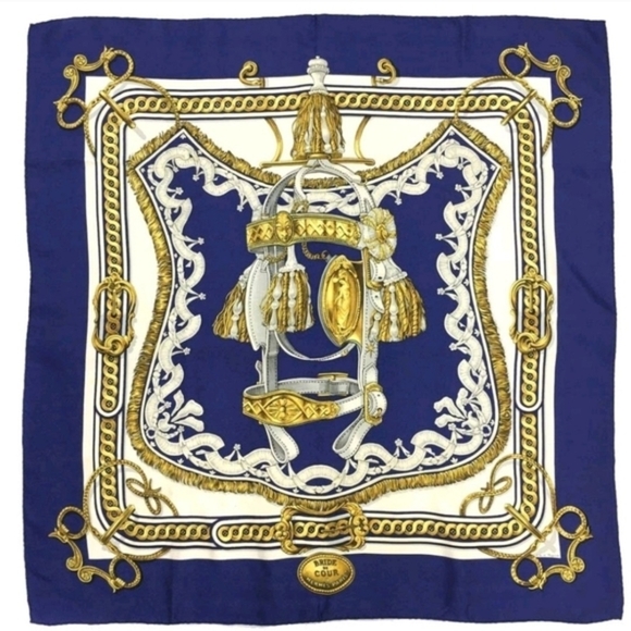 Hermes Accessories - HERMÈS BRIDE DE COUR SILK SCARF CARRÉ 90 NAVY GOLD VINTAGE + HARD BOX